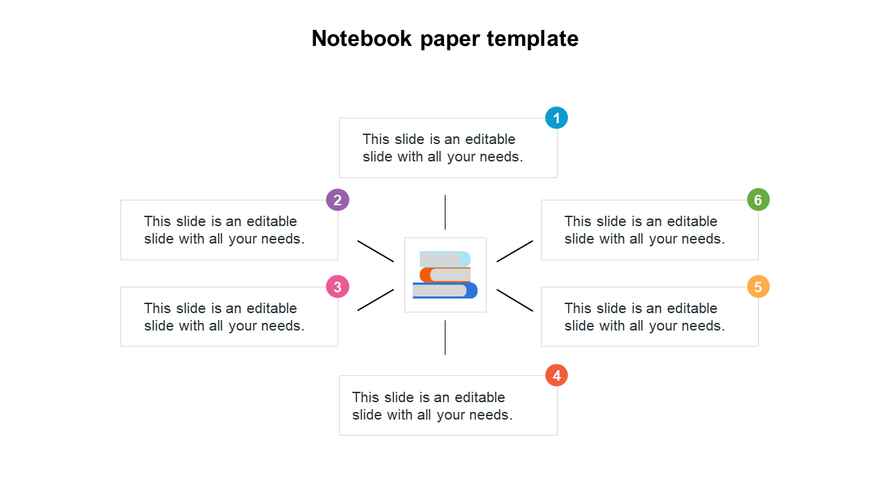 Slide with six colored numbered sections around a central image of a notebook, each containing text placeholders.