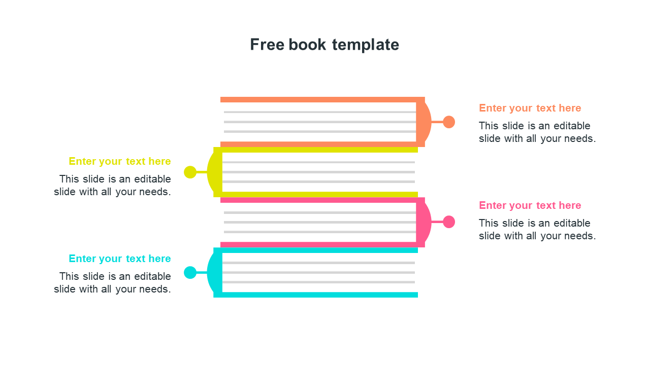 Book PowerPoint template with colorful book illustrations and text areas for each section.