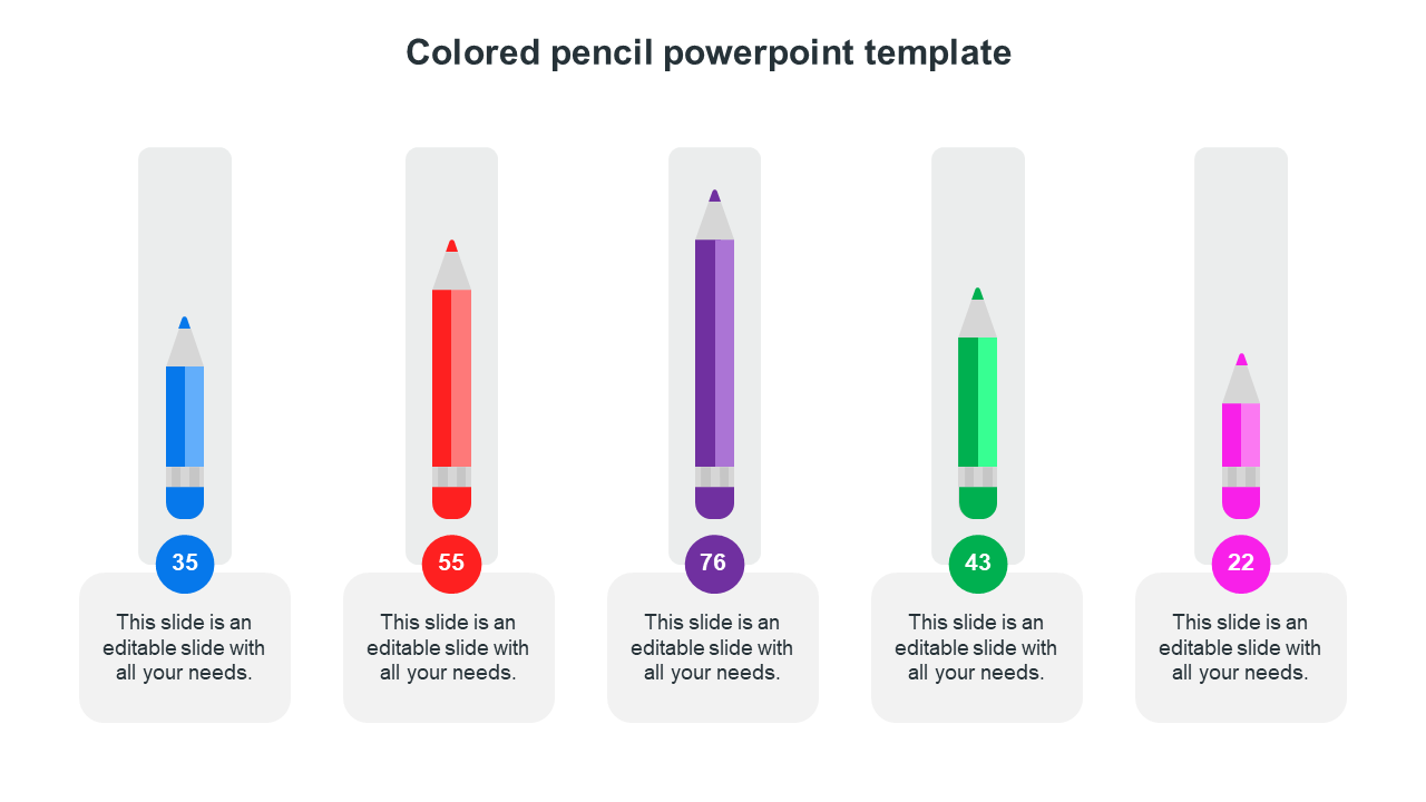 Five colorful pencil icons, arranged vertically with blue, red, purple, green, and pink colors, each with a number below.