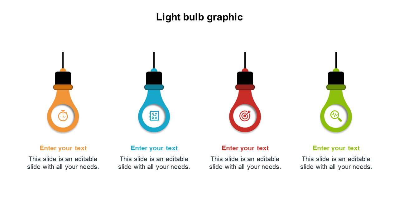 Four colorful light bulb graphics with text sections in orange, blue, red, and green with text on a white backdrop.