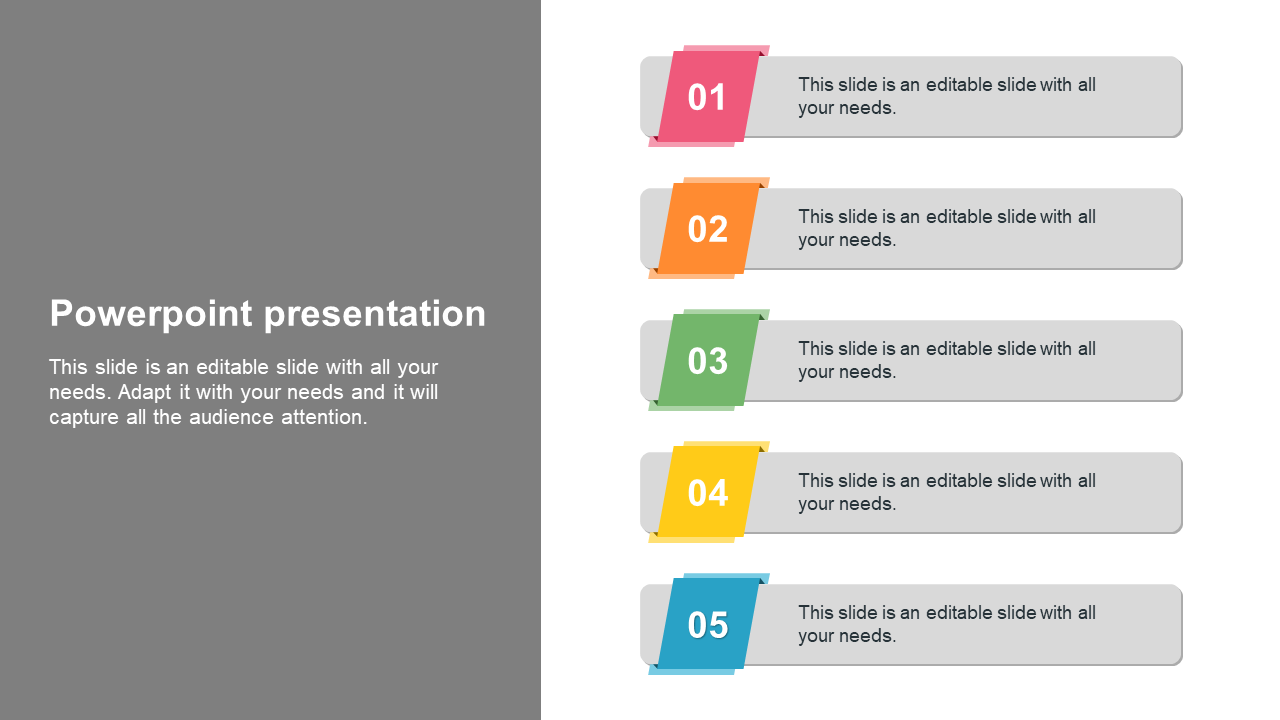 Modern PowerPoint slide with a numbered list in colorful labels and a gray content area with placeholder text.