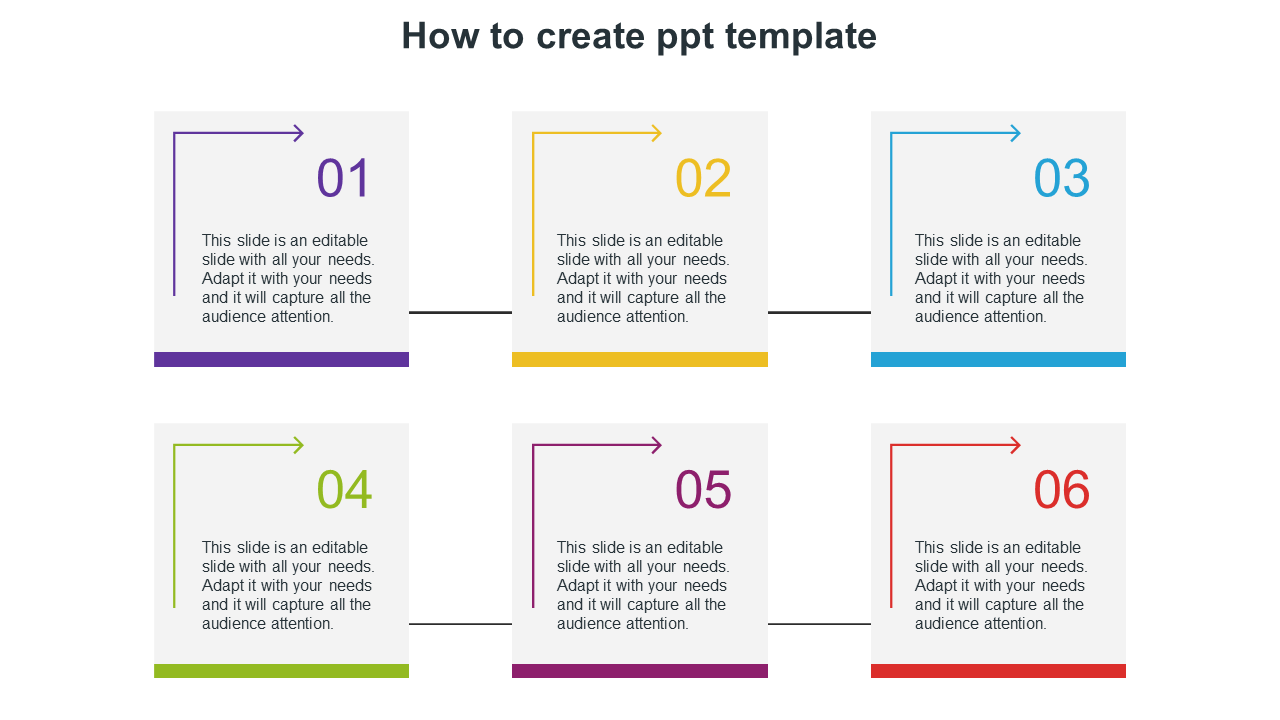 Six numbered sections in purple, yellow, blue, green, maroon, and red, with arrows, arranged in a horizontal layout.