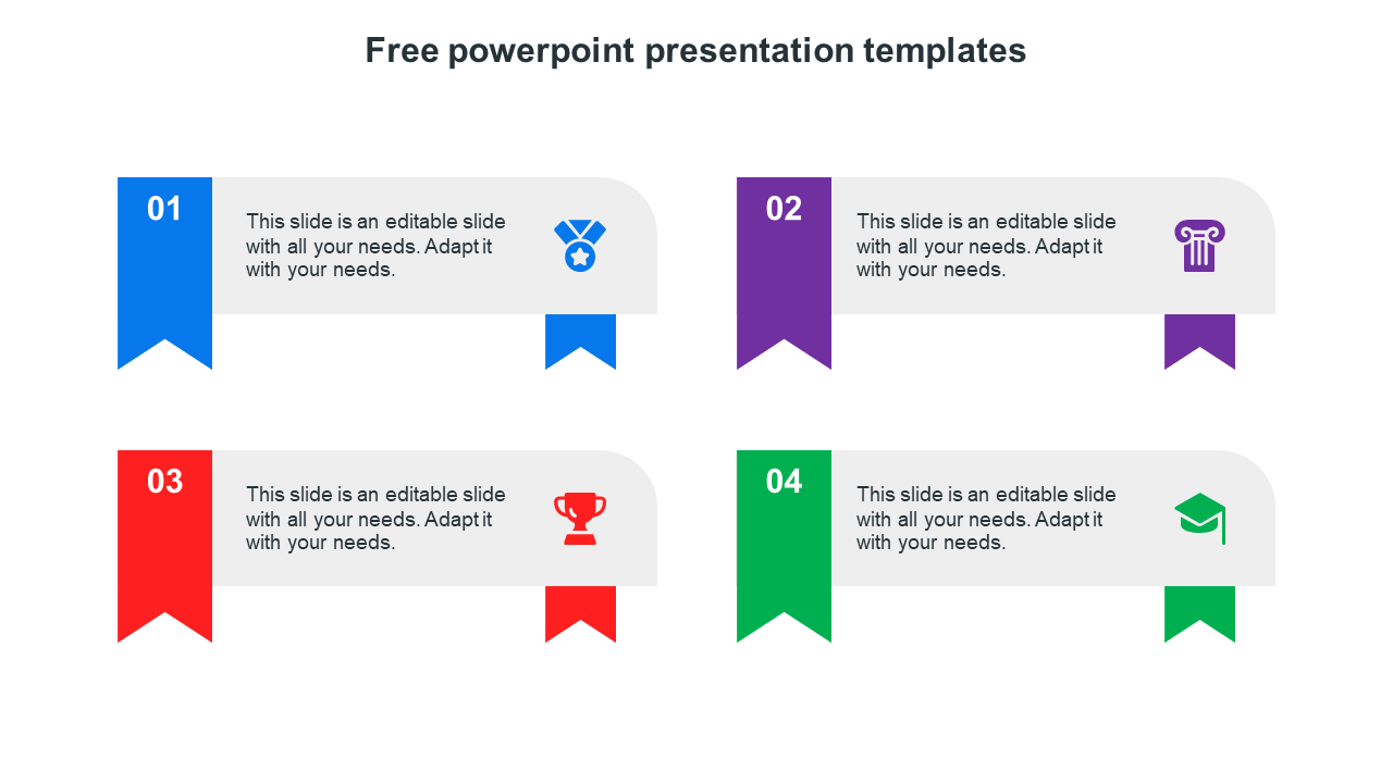 Modern PPT template with four numbered sections in blue, purple, red, and green banners with icons and placeholder text.