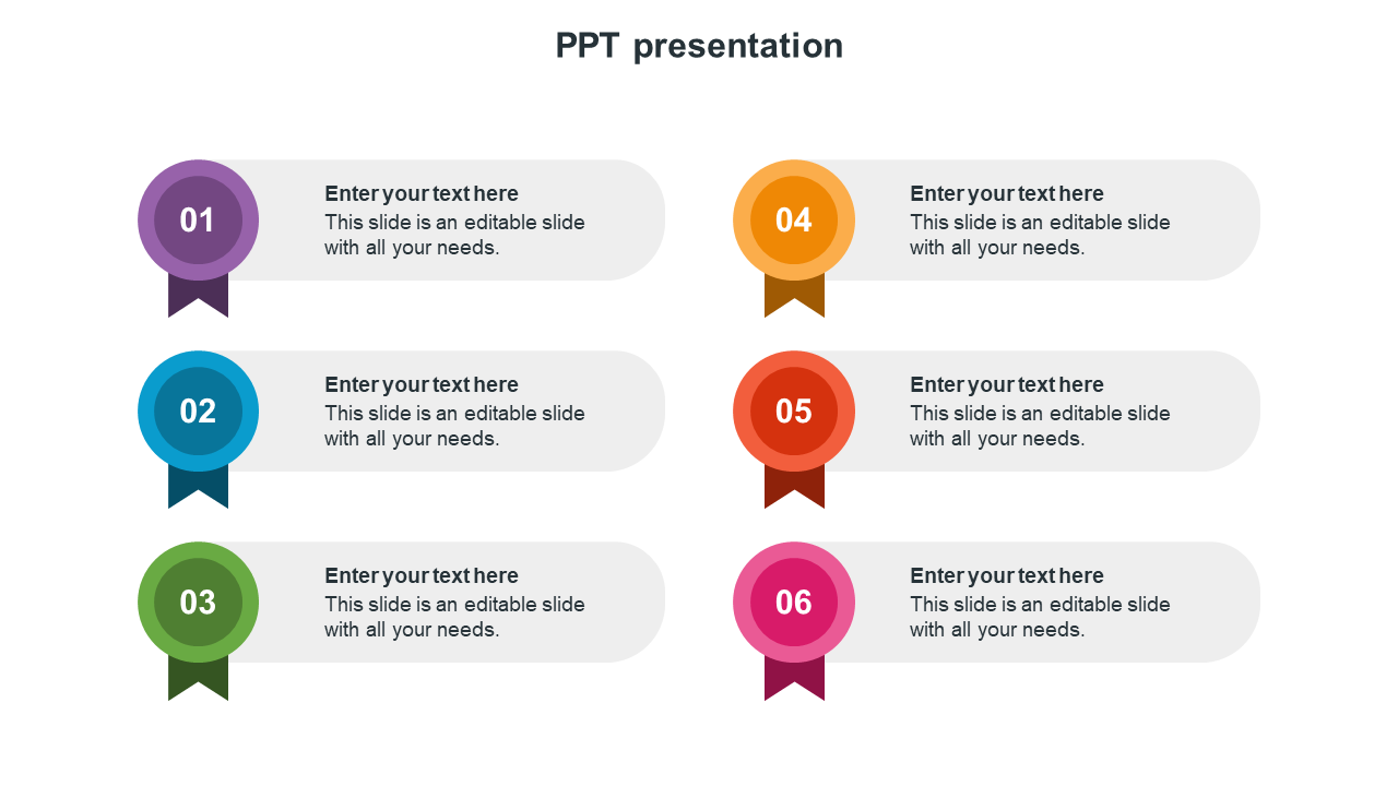 Colorful PPT slide with six numbered sections in purple, blue, green, orange, red, and pink banners with placeholder text.