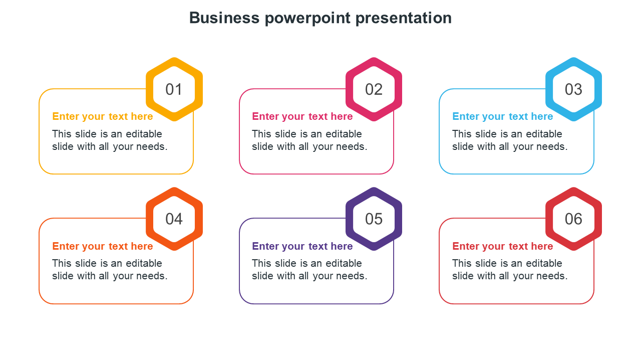 Business PowerPoint slide with six colorful hexagonal number labels and text boxes on a white backdrop.