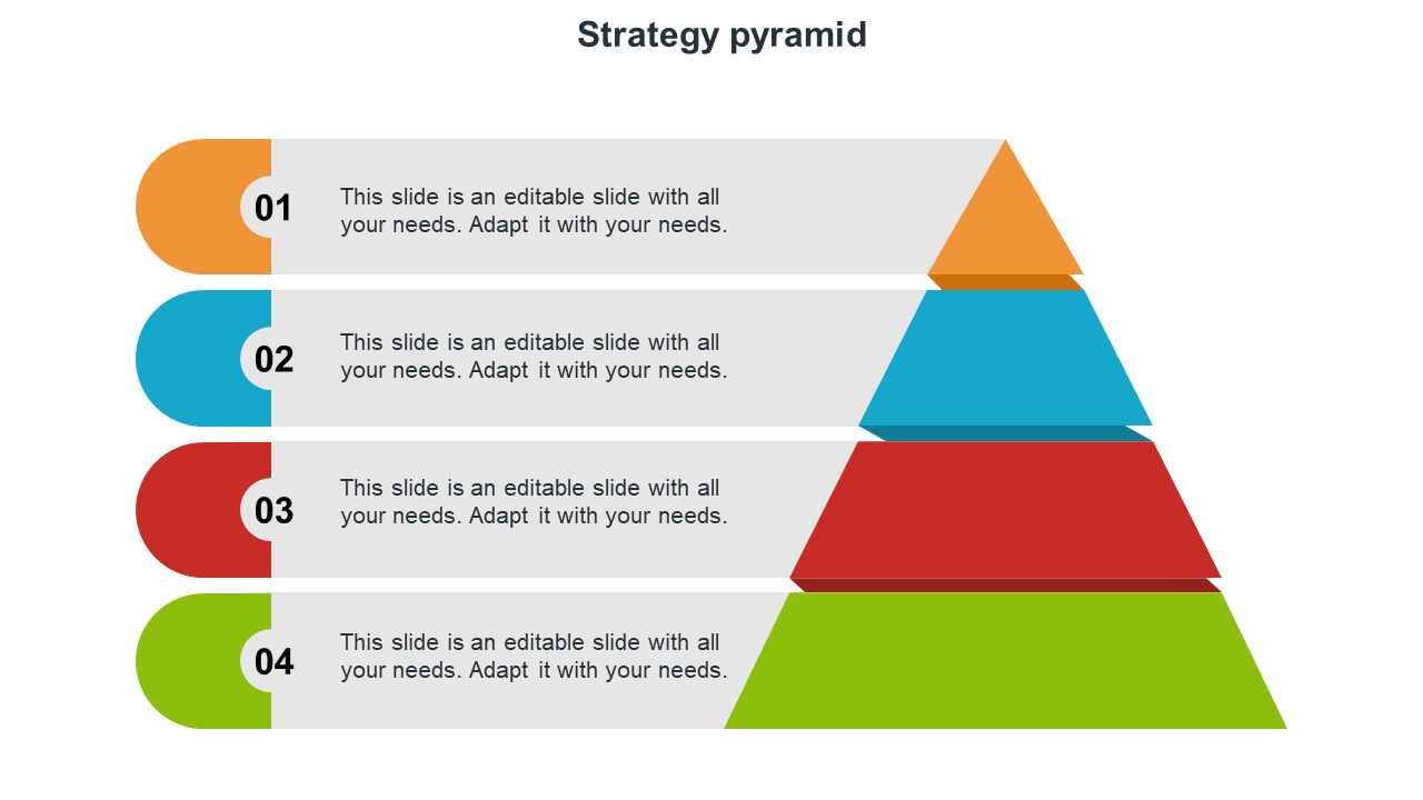 Four tiered strategy pyramid with colored sections in orange, blue, red, and green, each with numbered text area.