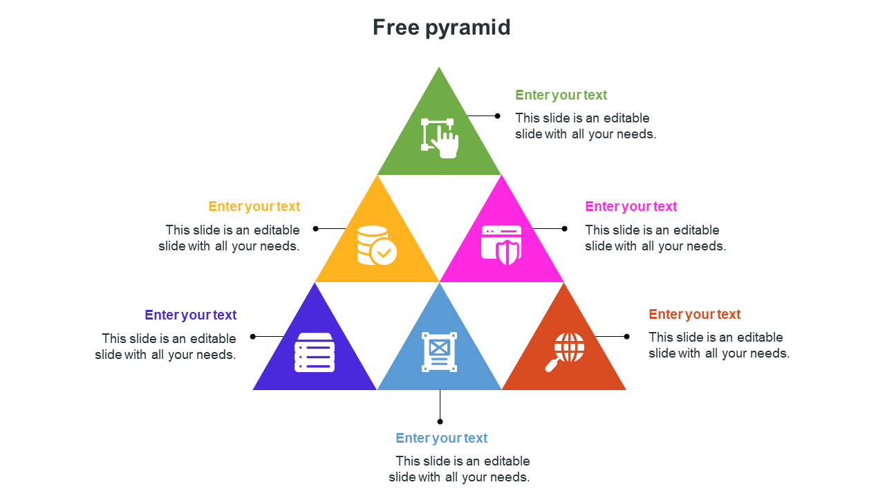 Pyramid diagram with six colorful sections in green, yellow, pink, purple, blue, and red, each paired with text.