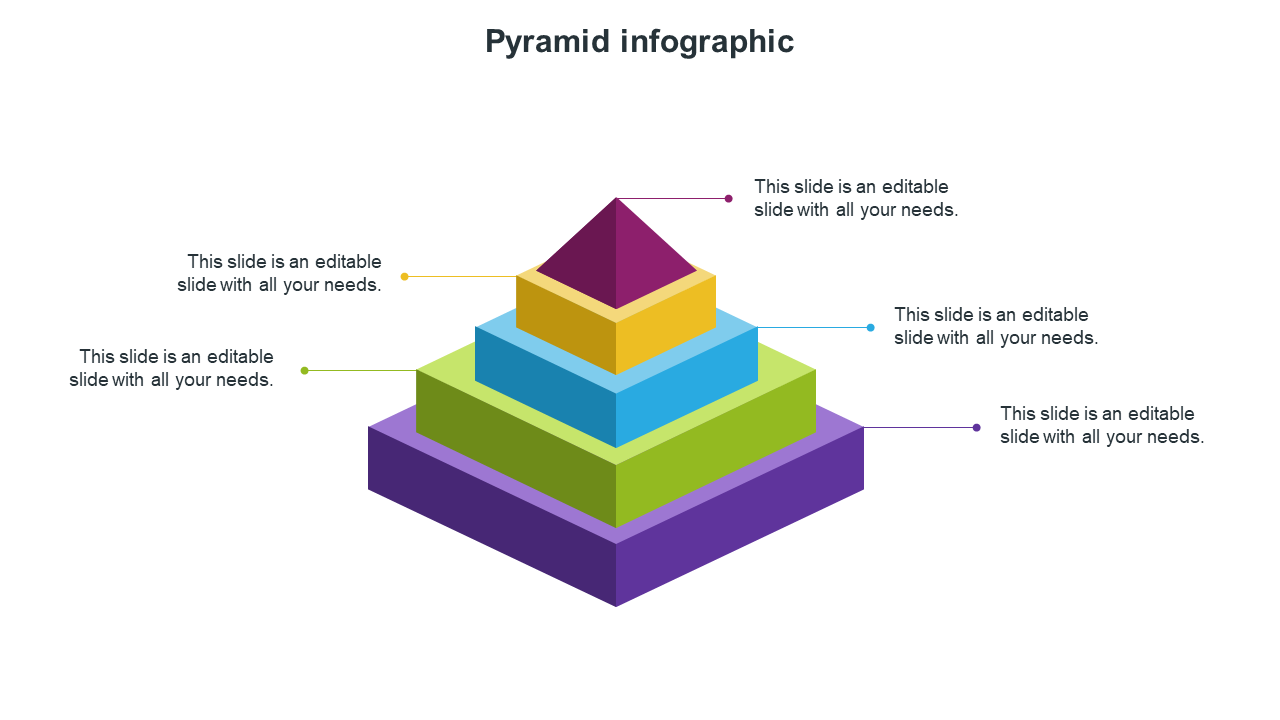 Colorful 3D pyramid infographic PPT slide with five stacked layers and text placeholders on a white backdrop.