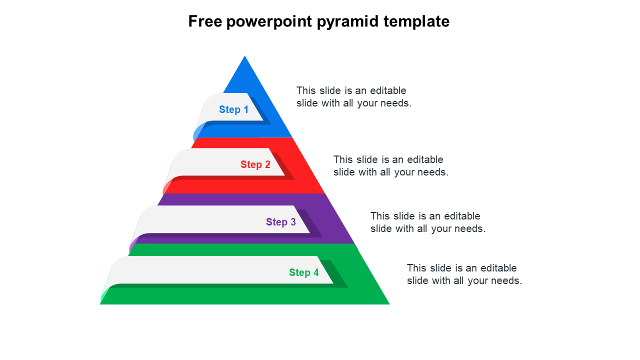 Colorful four step pyramid infographic PPT slide with labeled sections and text placeholders on a white backdrop.