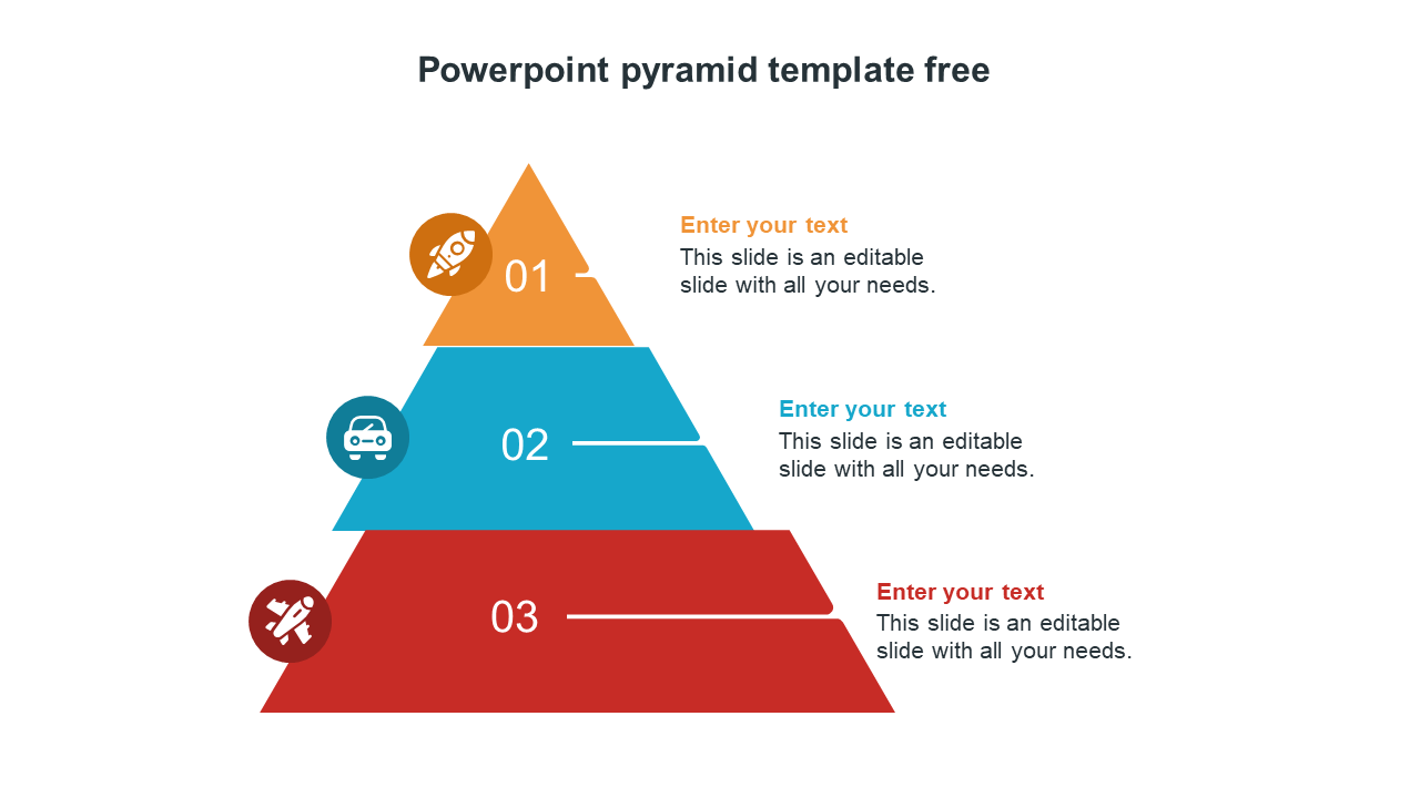 PowerPoint pyramid template with three layers, each representing different levels with text and icons.