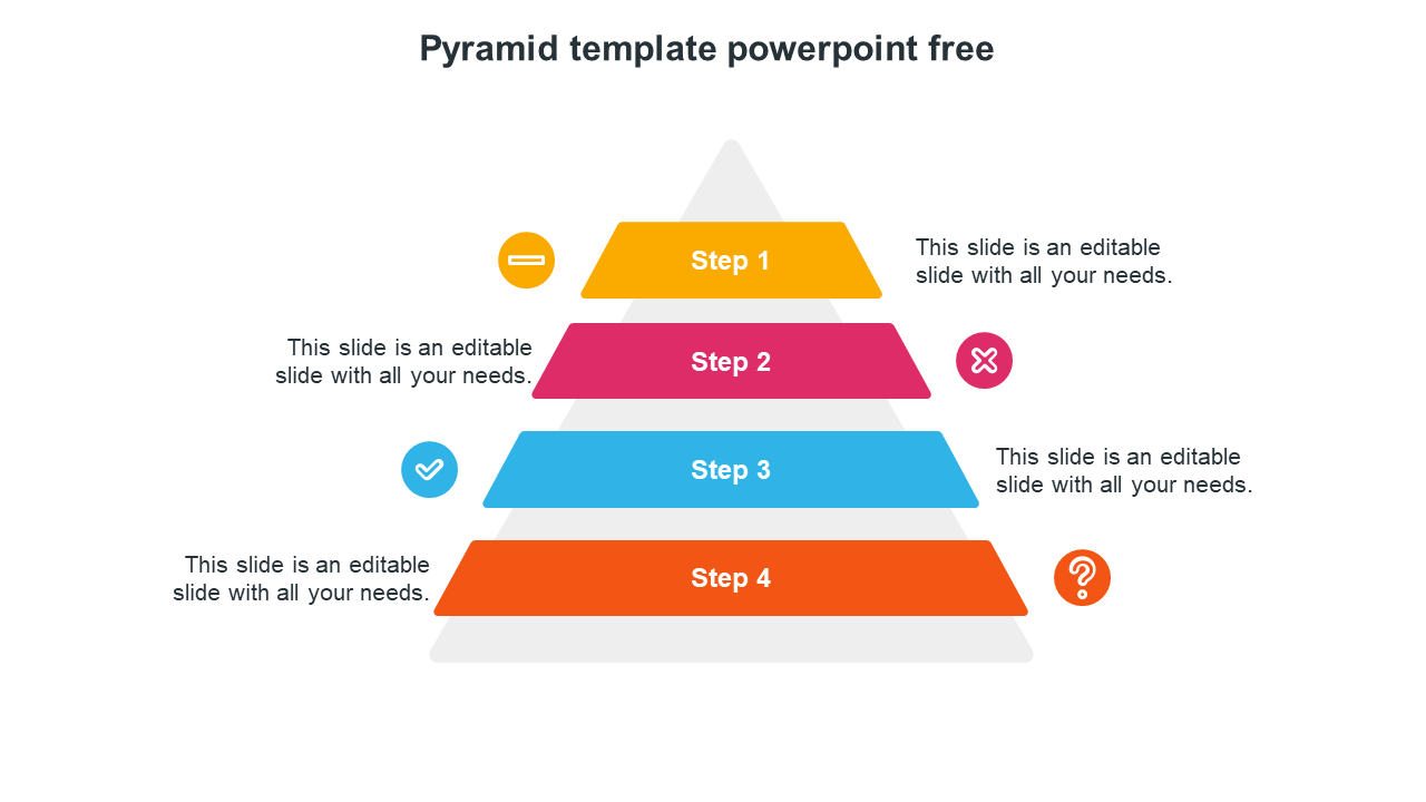 Pyramid diagram with four levels in yellow, pink, blue, and orange, featuring icons and labels for each step.