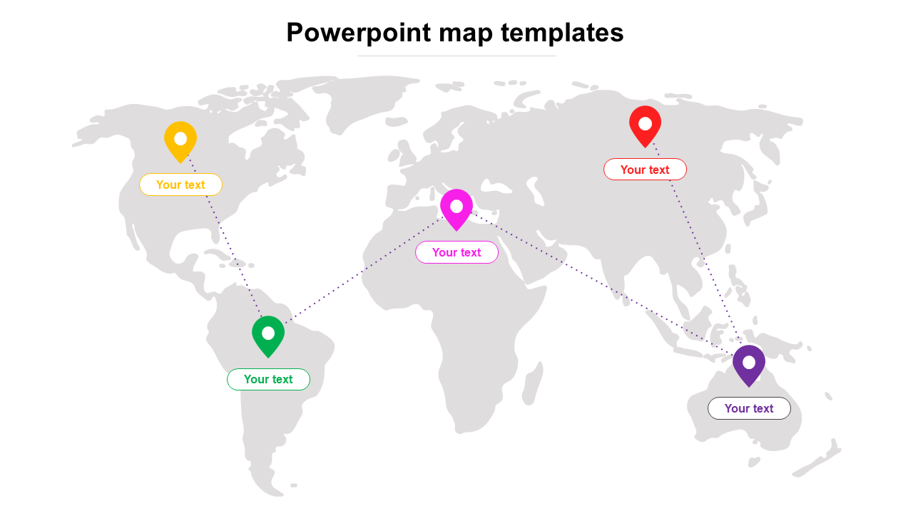 Gray world map showing global points in yellow, red, pink, green, and purple, and dotted lines connecting them.