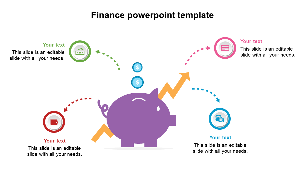 Colorful finance themed PowerPoint slide with a piggy bank, arrows, and financial icons with placeholder text.