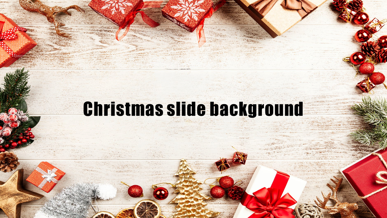 A rustic wood background with various Christmas decorations like wrapped gifts, ornaments, and a gold tree around the edges.