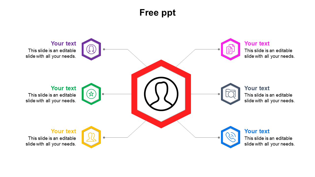 PPT slide with a central figure icon and six surrounding icons connected by lines, each with text.