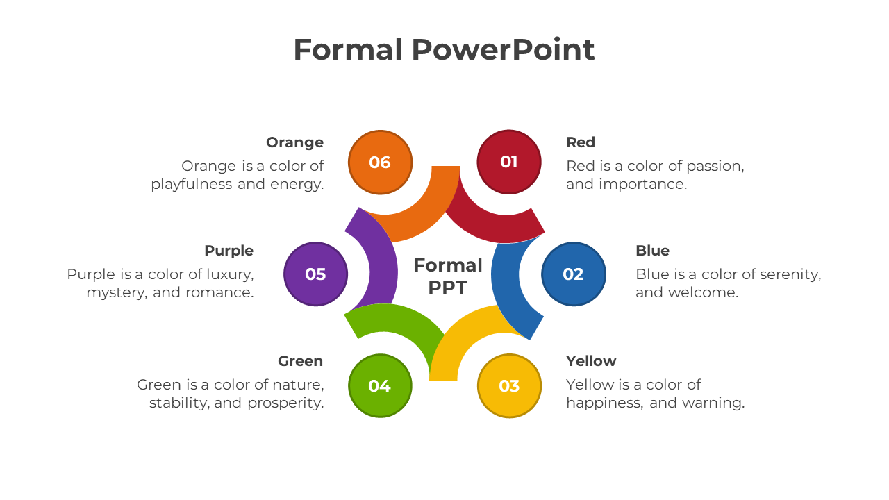 Circular layout with six colorful segments labeled 01 to 06, each representing a color meaning in a formal theme.