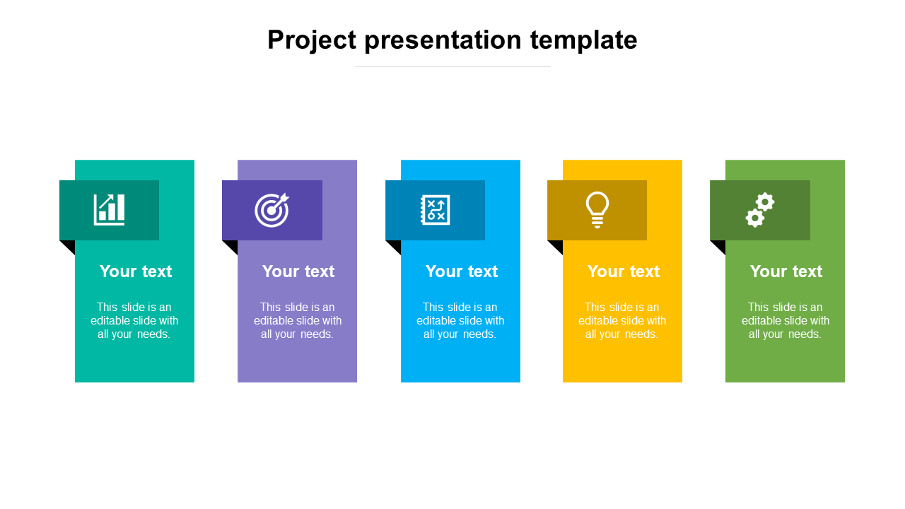 Colorful project PPT slide with 5 vertical blocks featuring icons from growth to settings with text area on a white backdrop.