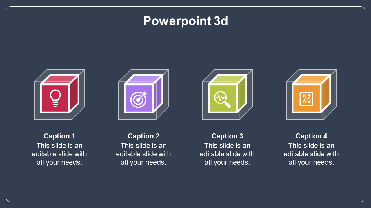 Four 3D cubes in red, purple, green, and orange, arranged in a row, each containing an icon, on a blue backdrop.