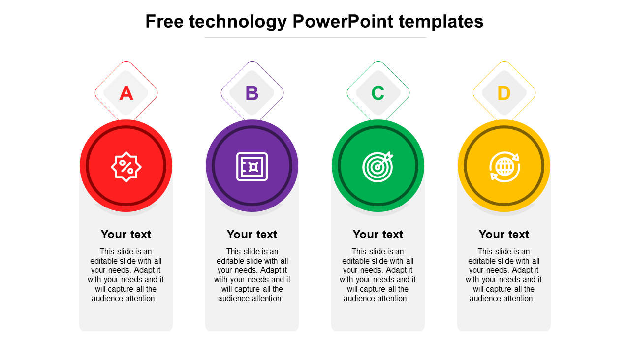 Four vertical sections  for technology template circular icons labeled A, B, C, and D, each with placeholder text.