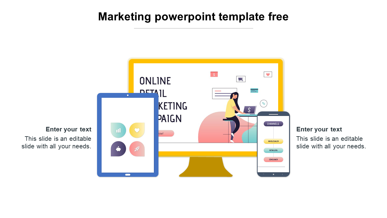 Marketing PowerPoint template featuring devices with a retail marketing campaign on a computer screen with placeholder text.