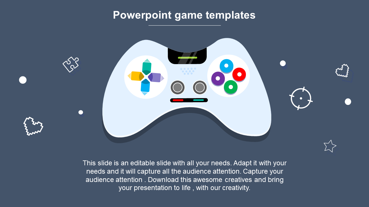 Game PPT template with a colorful game controller on a dark blue background with placeholder text.