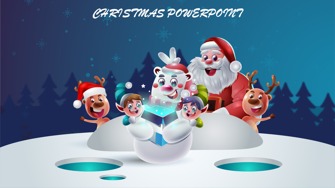 Christmas themed slide featuring a snowy landscape with animated Santa, elves, and a reindeer with a glowing gift box.