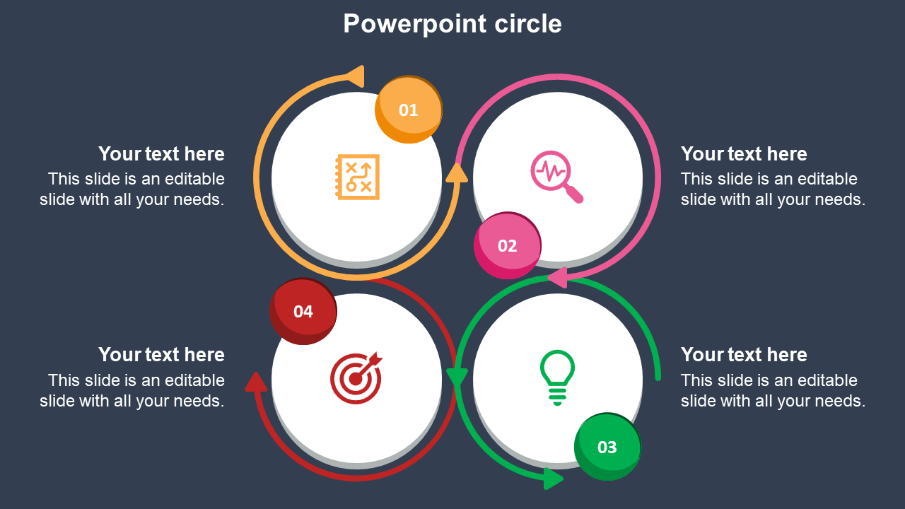 Slide featuring four circular icons in yellow, pink, green, and red, with arrows indicating a flow, on a blue background.