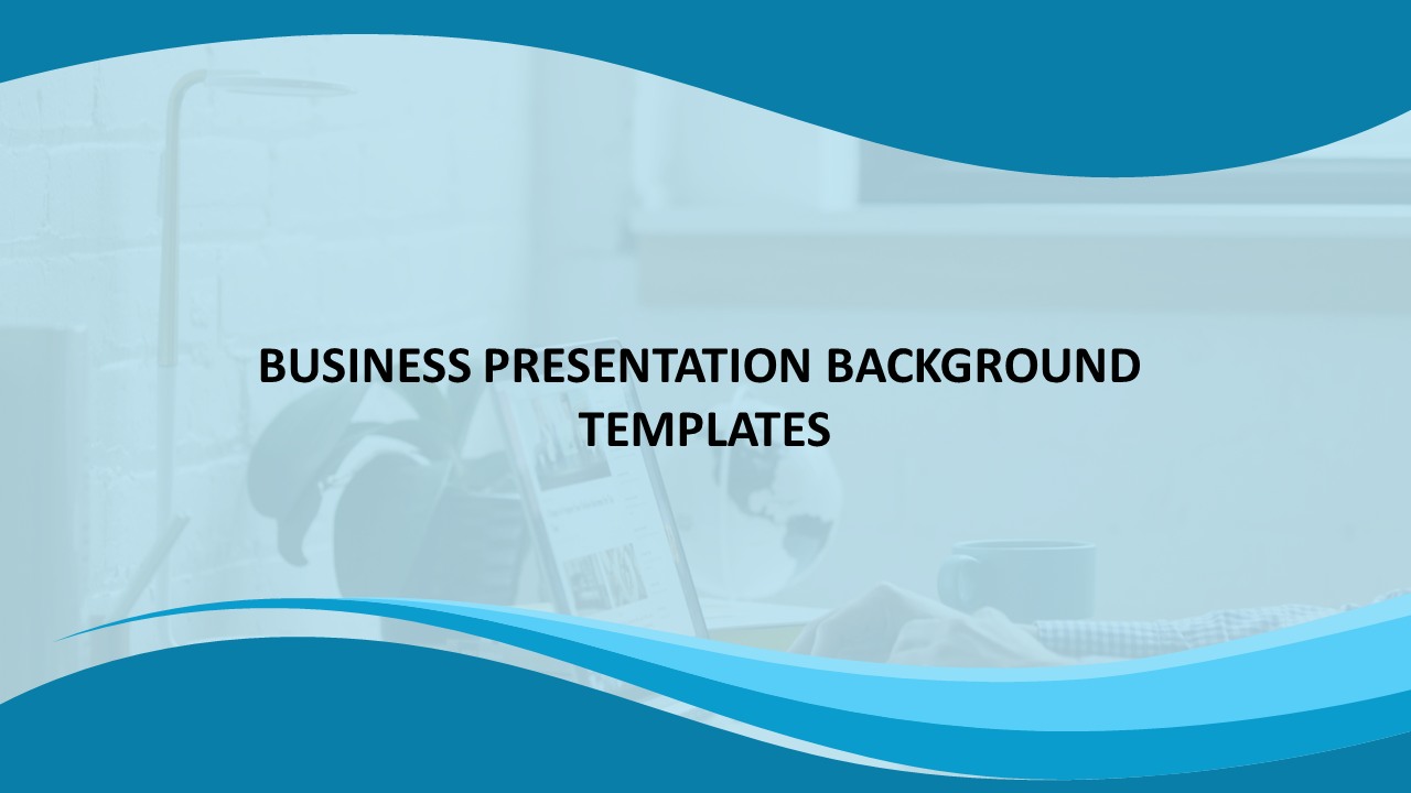 Blue-themed business slide template with wave accents and a subtle office scene in the background with title text.