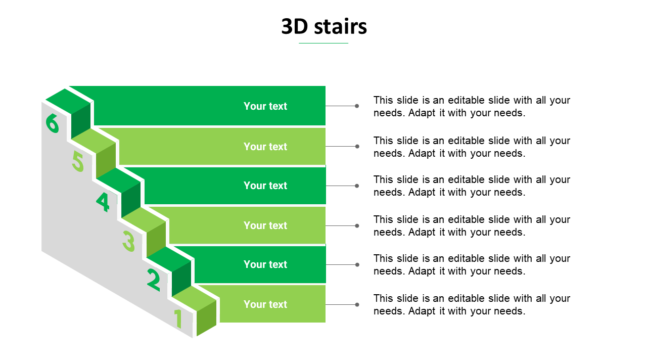 Green 3D staircase with six numbered steps and placeholders text areas placed in a white backdrop.