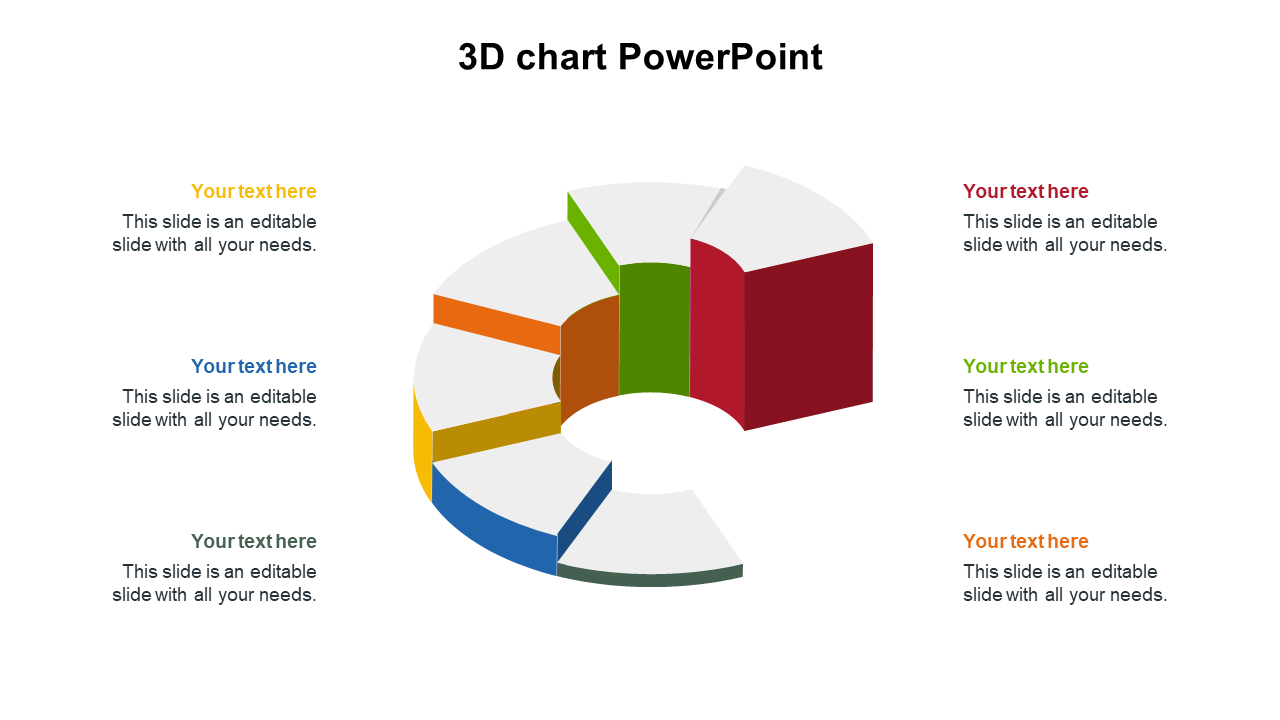 Colorful 3D chart with six sections in green, blue, yellow, orange, teal, and red, with text spaces beside.