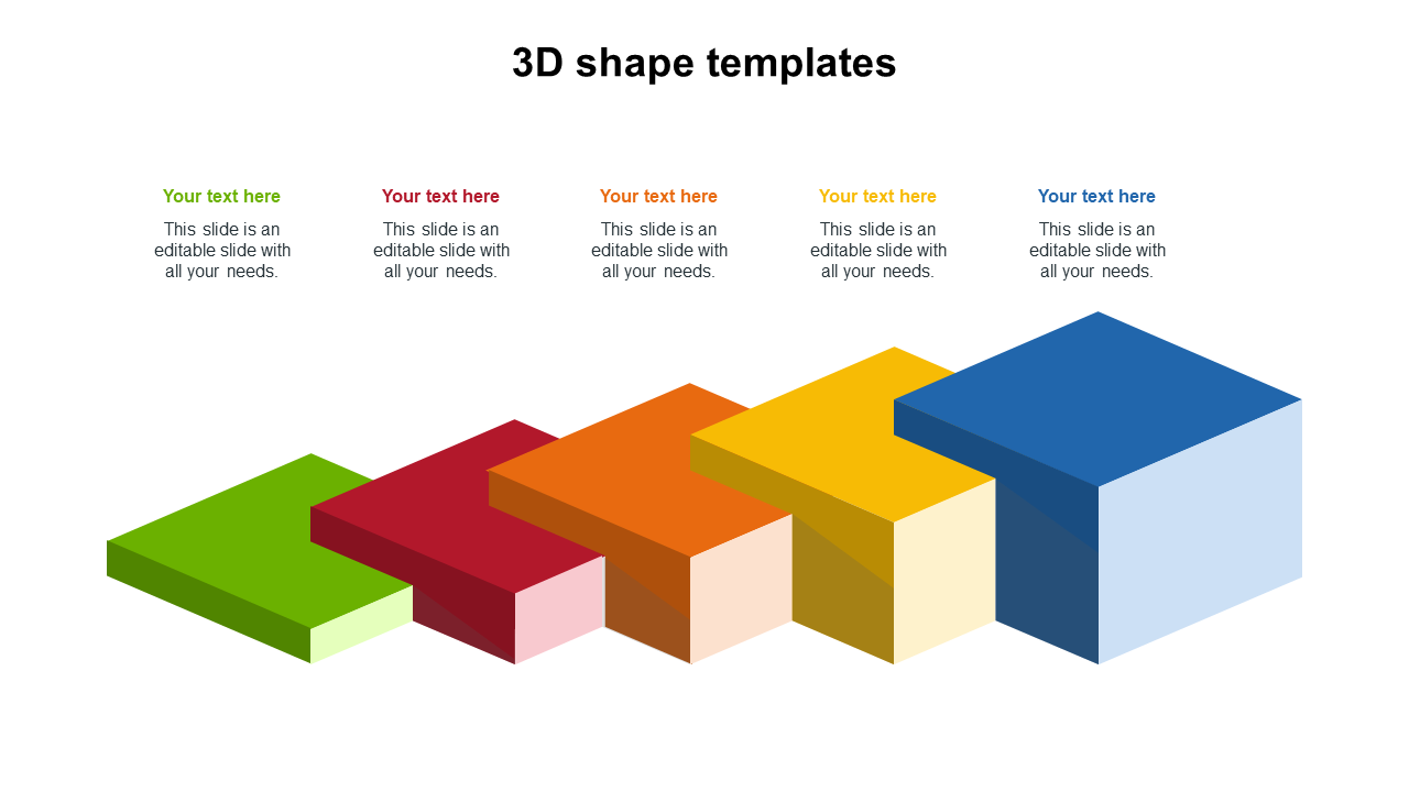 Five stacked 3D blocks in green, red, orange, yellow, and blue, arranged in a diagonal row with varying heights.