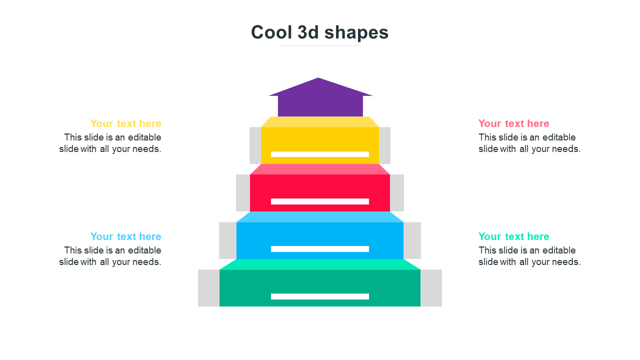 Colorful 3D layered pyramid infographic PPT slide with text placeholders on both sides on a white backdrop.