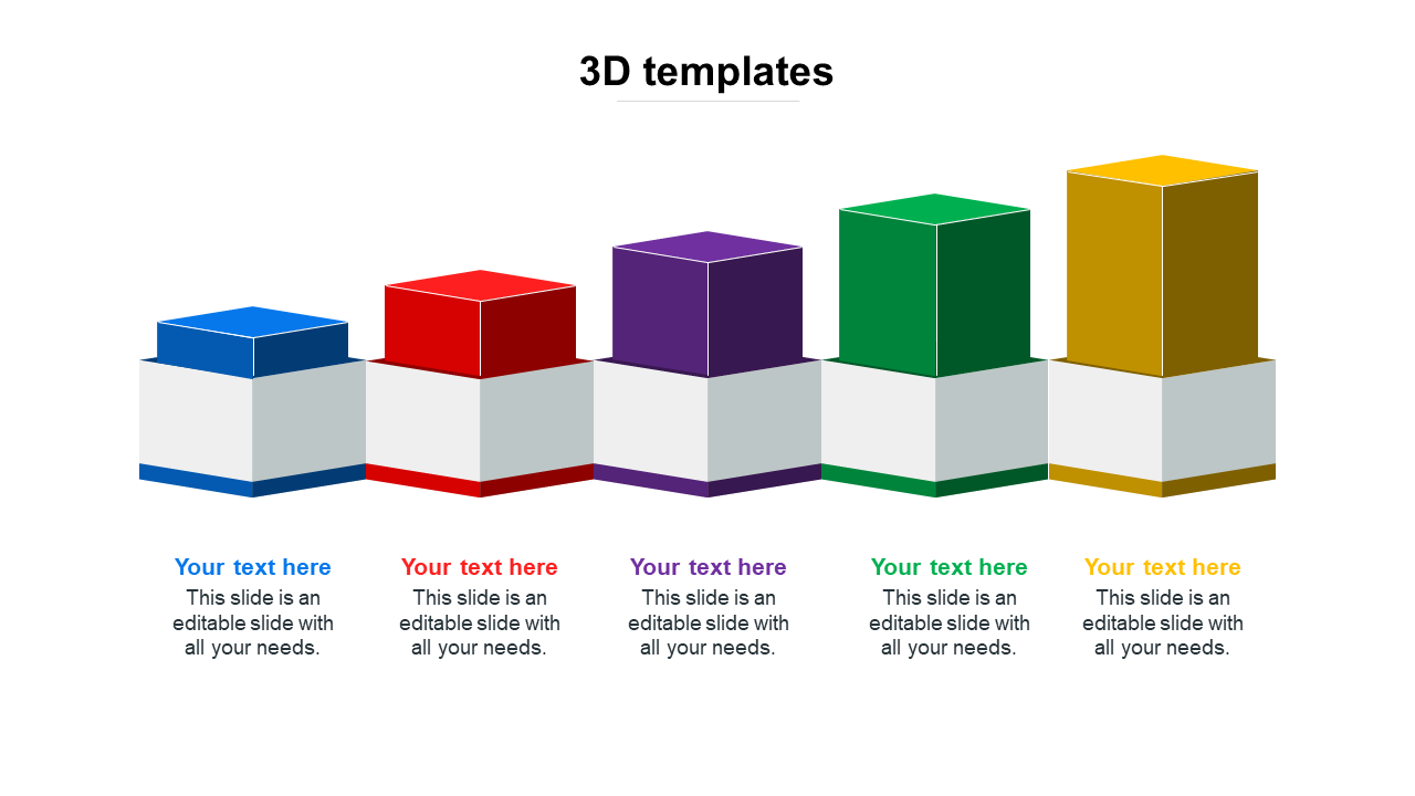 Five 3D stacked cubes in blue, red, purple, green, and yellow with text areas below each, aligned in a row.