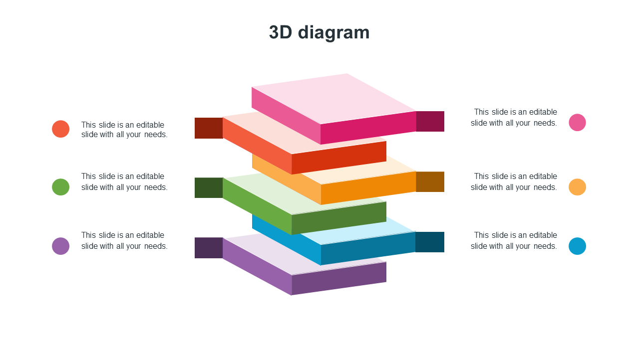 3D layered diagram slide with six colorful stacked sections, each labeled with text placeholders.