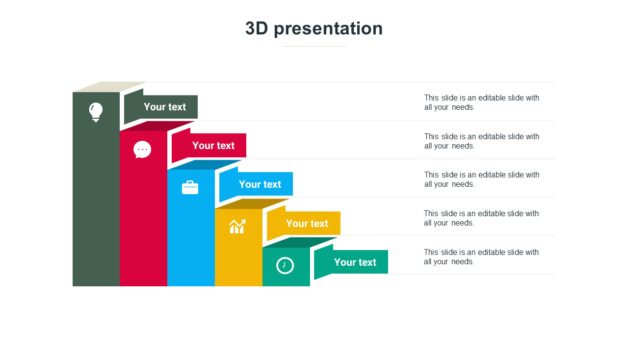 3D blocks in a staircase layout in green, red, blue, yellow, and teal, each with icons and descriptions.