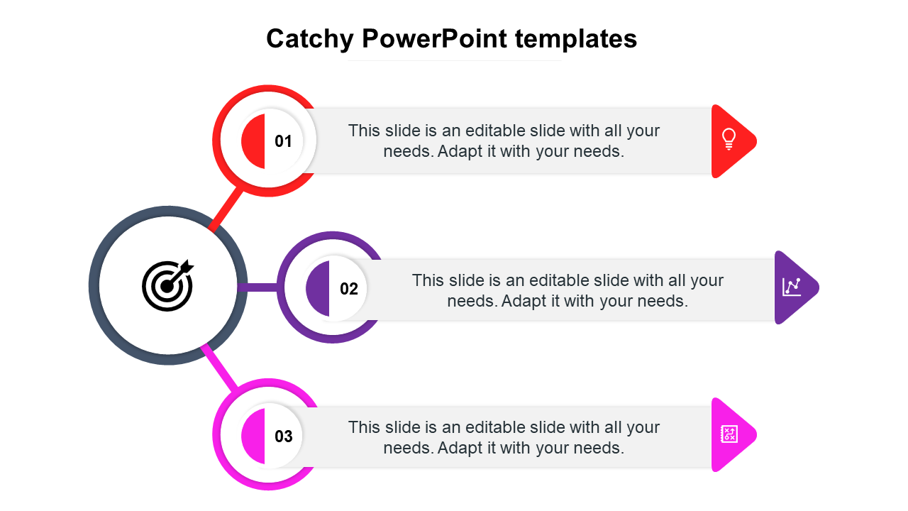 Catchy PowerPoint slide with a three step process design, featuring numbered circles and colorful icons for each step.