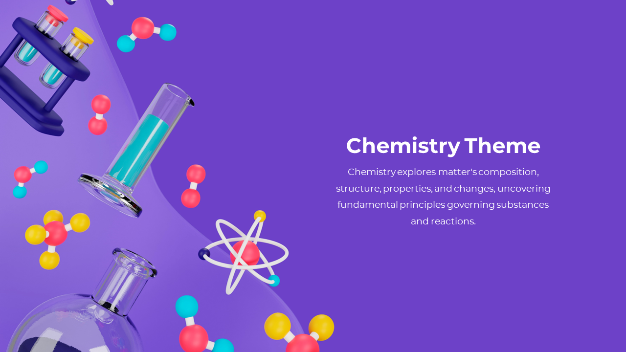 Chemistry themed slide featuring lab equipment, molecular models, and atomic symbols on a purple background.