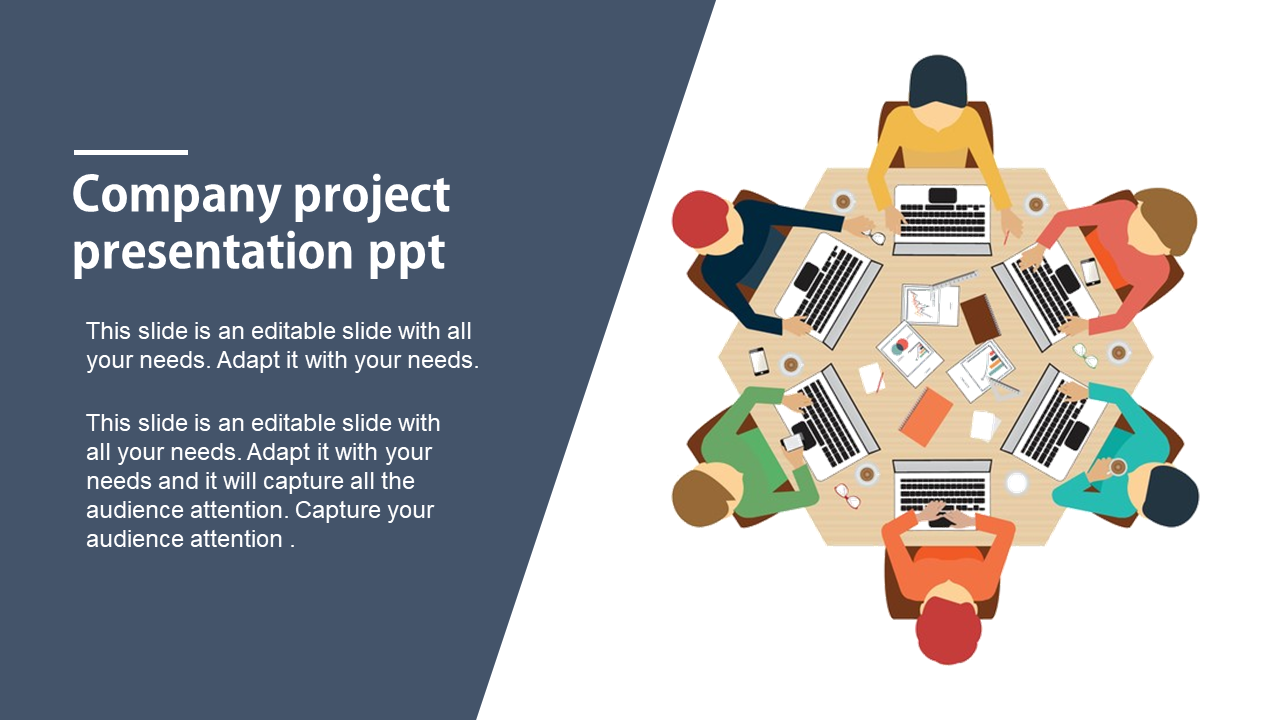 Company project presentation slide showing a group of professionals collaborating at a round table with placeholder text.