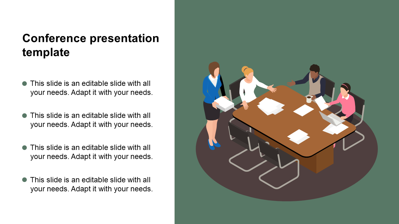 An isometric illustration of a business meeting with four people around a table on a green backdrop, and text beside.