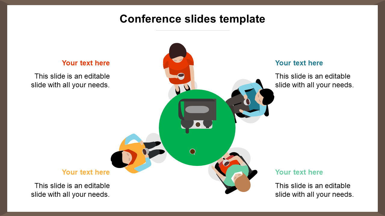 Top view conference PPT slide featuring four people sitting around a round table with coffee cups and a projector.