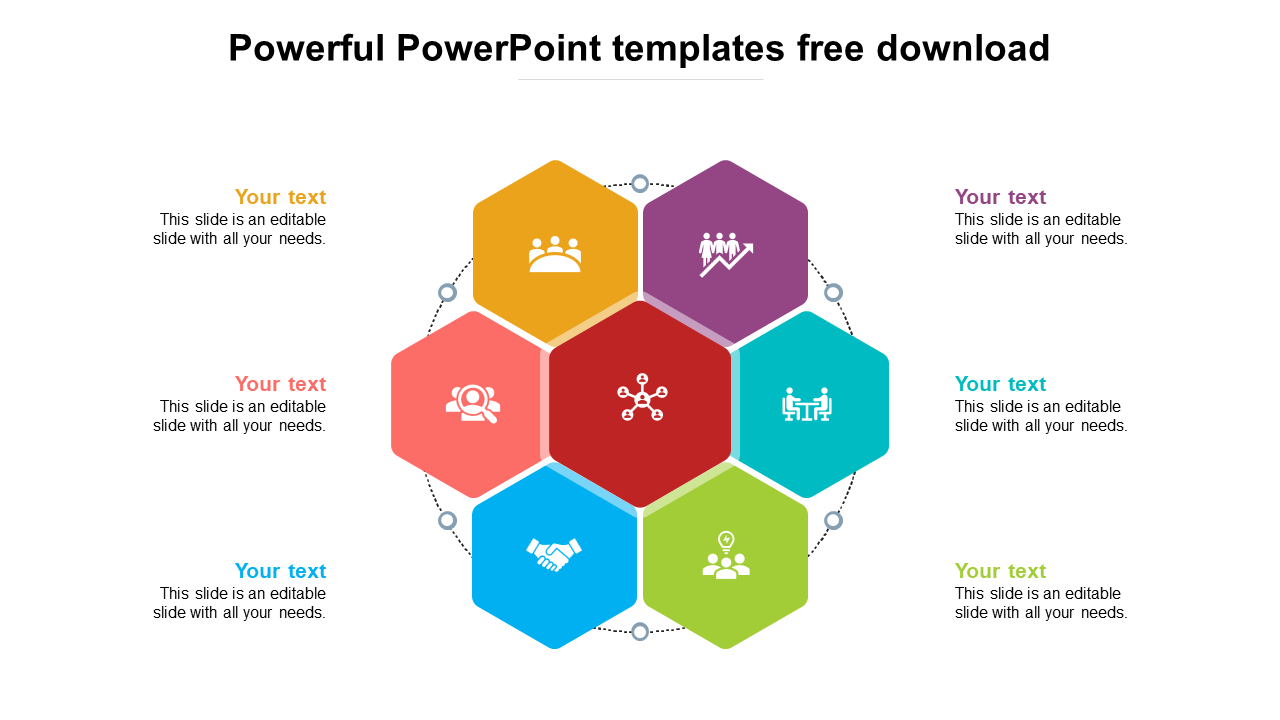 Hexagonal powerful infographic with seven colored sections, each featuring an icon related to business activities.