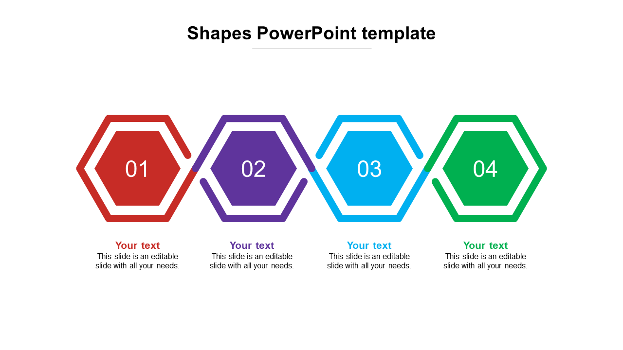 Slide with four numbered hexagonal shapes in red, purple, blue, and green, each with space for placeholder text.