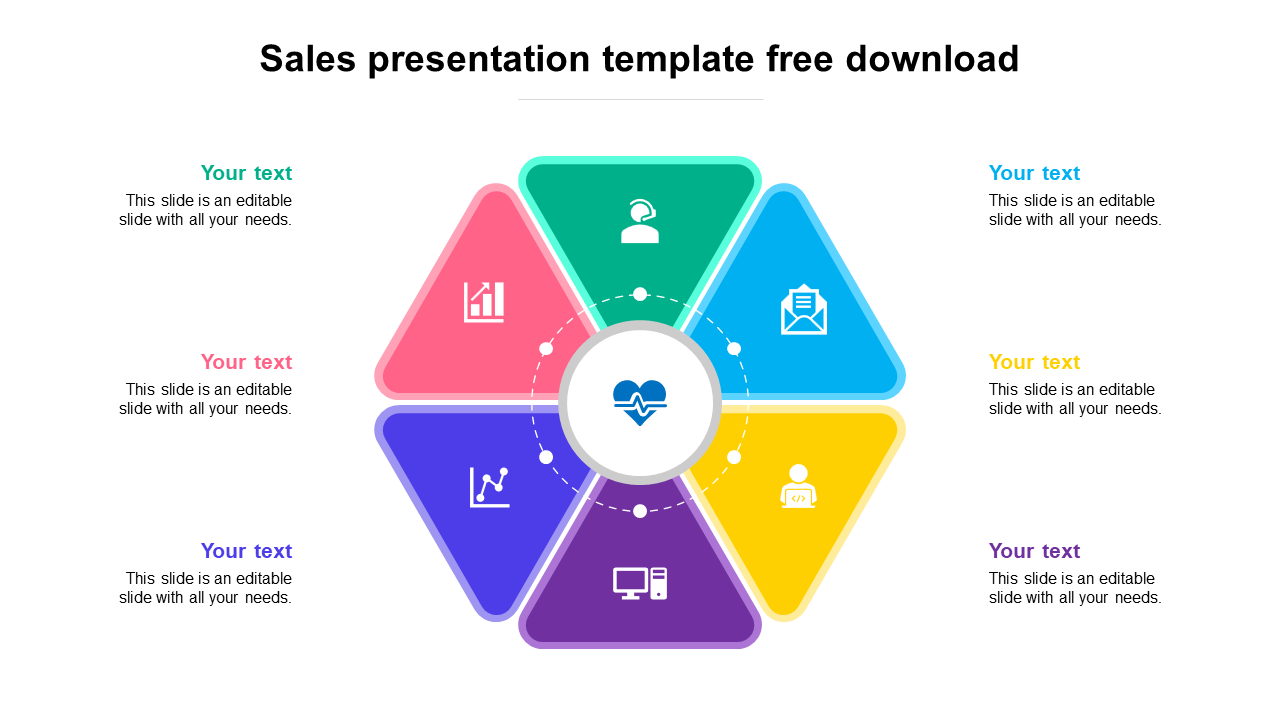 Hexagonal infographic with six colorful sections and various icons representing sales, surrounded by placeholder text.