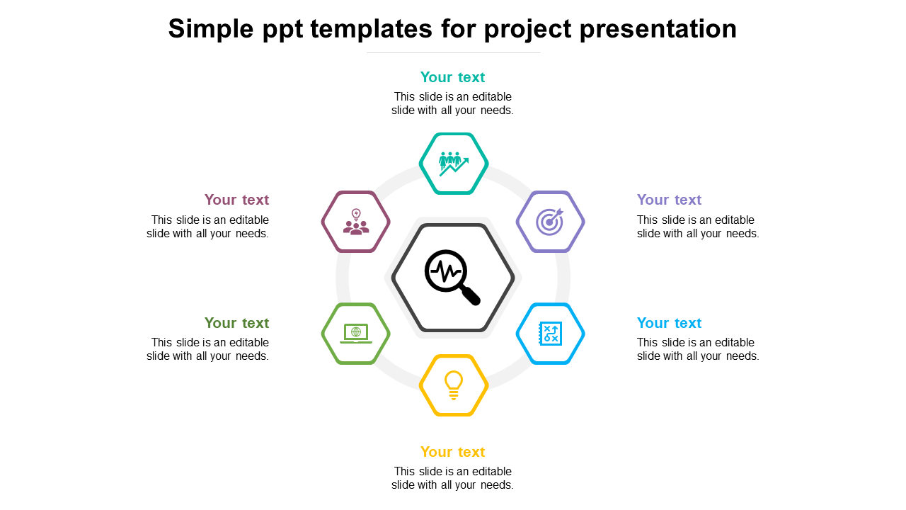 Project slide with a central magnifying glass icon and six surrounding colored hexagons, all with text areas.