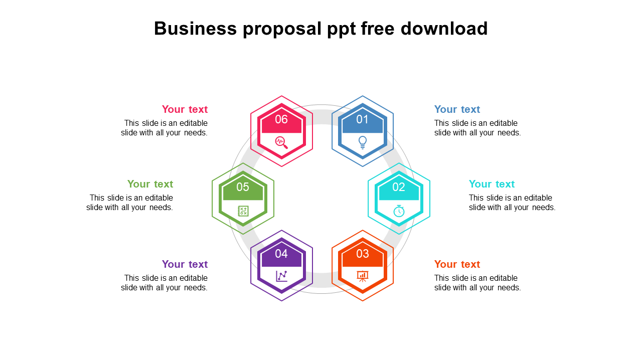 Hexagonal diagram with six colorful icons connected in a circular layout, each paired with text sections around.