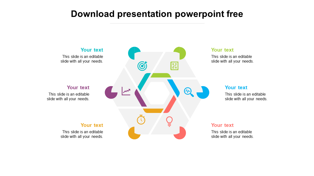 Hexagonal infographic PowerPoint template with six segments, each linked to an icon and text placeholders.