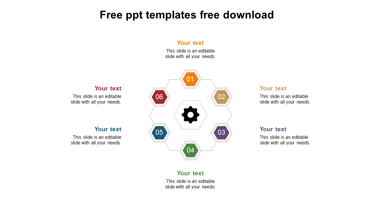 Hexagon-shaped template with six segments, each numbered 01 to 06 around a central gear icon, with caption areas.