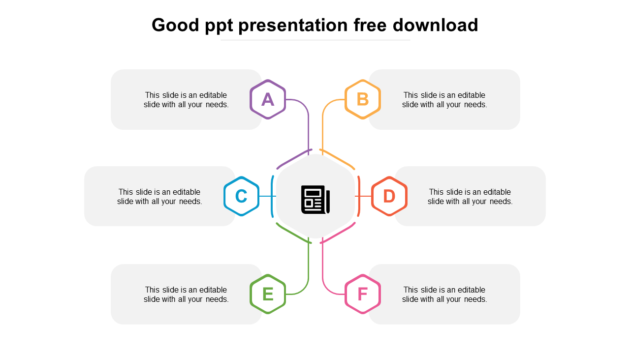 Slide with a central document icon and six surrounding colored hexagons, each with placeholder text areas.