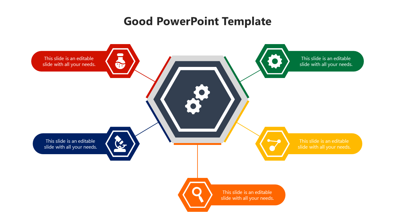 Hexagonal infographic PowerPoint template with a central gear icon and five surrounding sections, each with an icon and text.