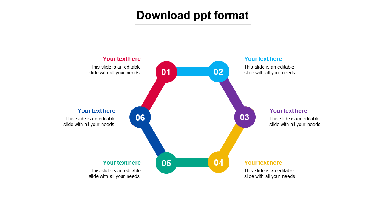 Hexagonal diagram with six colorful segments, each numbered with circles and linked to text boxes around the shape.